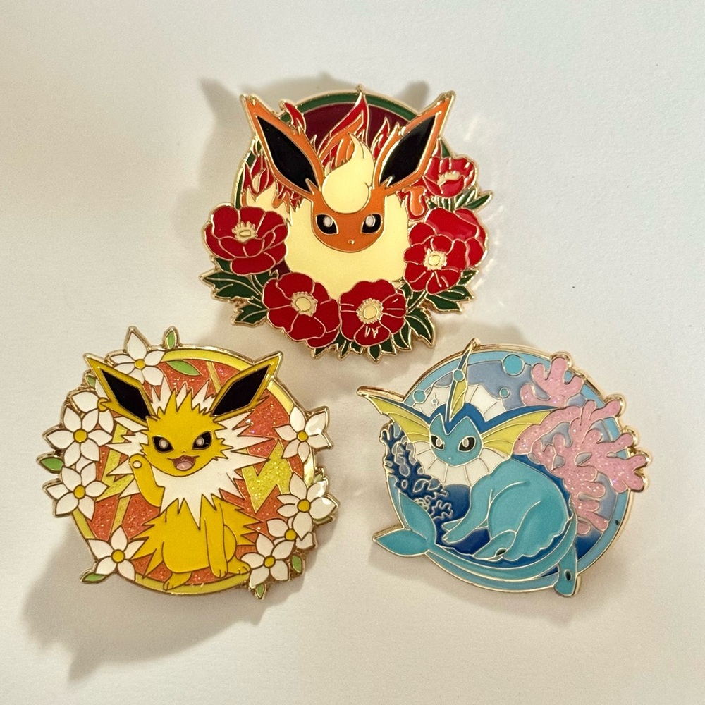Flareon, Jolteon, and Vaporeon Enamel Pins Set